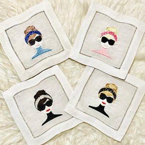 Headband Girls with Sunglasses Embroidered Cocktail Napkins