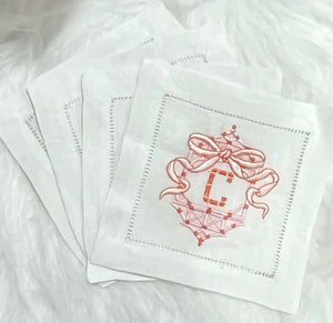 Pink Bow Pagoda Embroidered Cocktail Napkins
