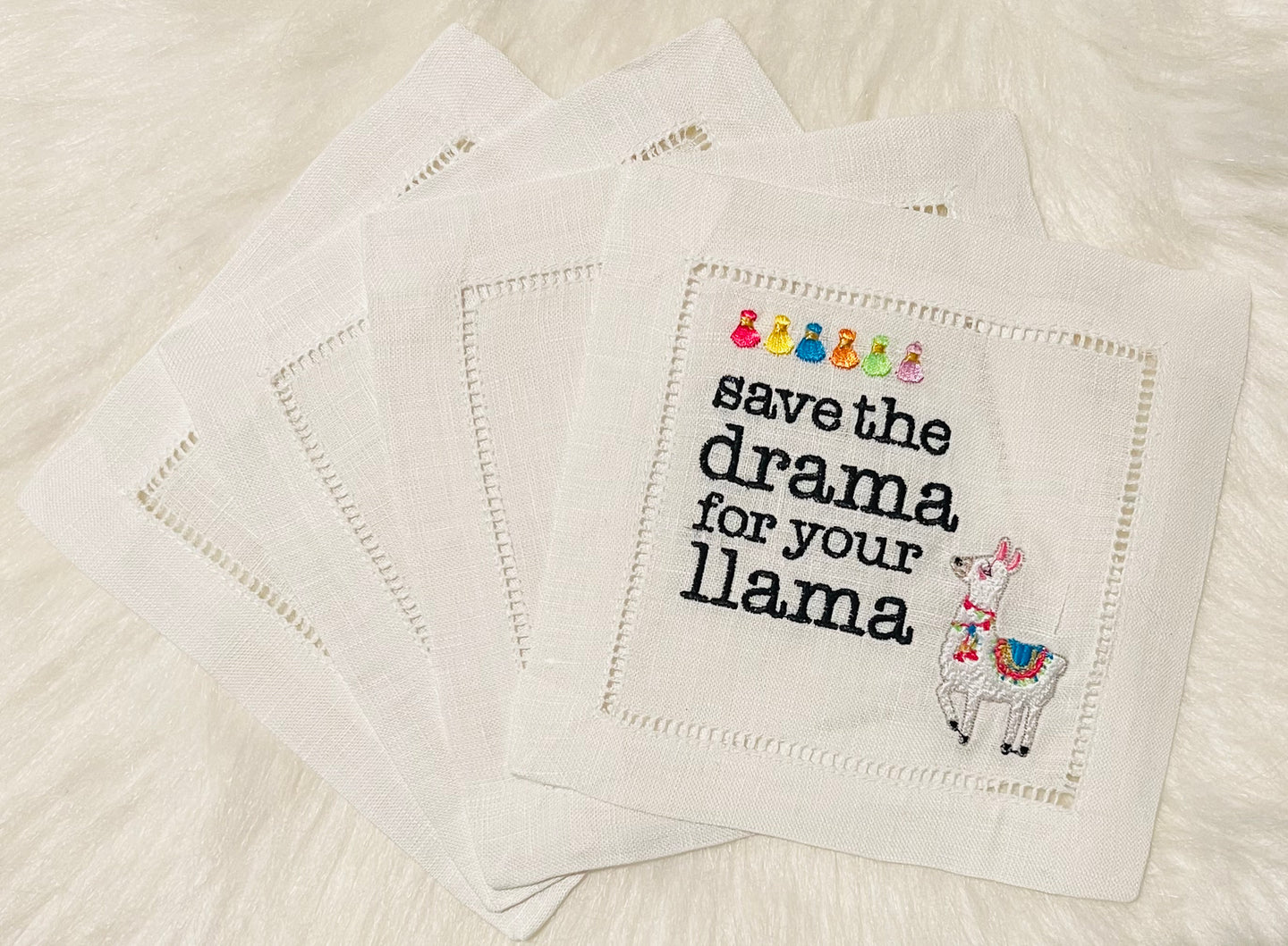 Save the Drama Llama Embroidered Cocktail Napkins
