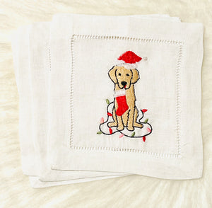 Puppy Dog Christmas Lights Embroidered Cocktail Napkins