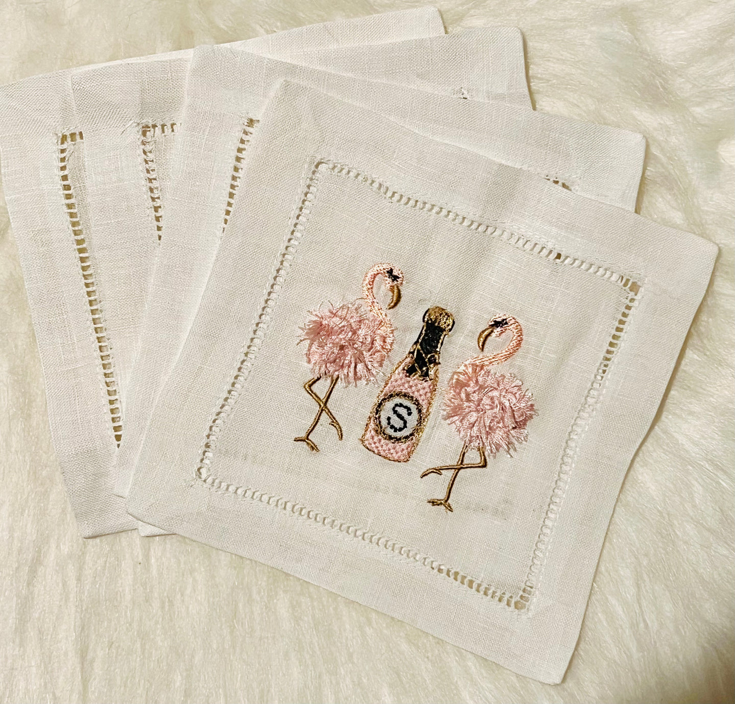 Feathered Pink Flamingos and Champagne Embroidered Cocktail Napkins