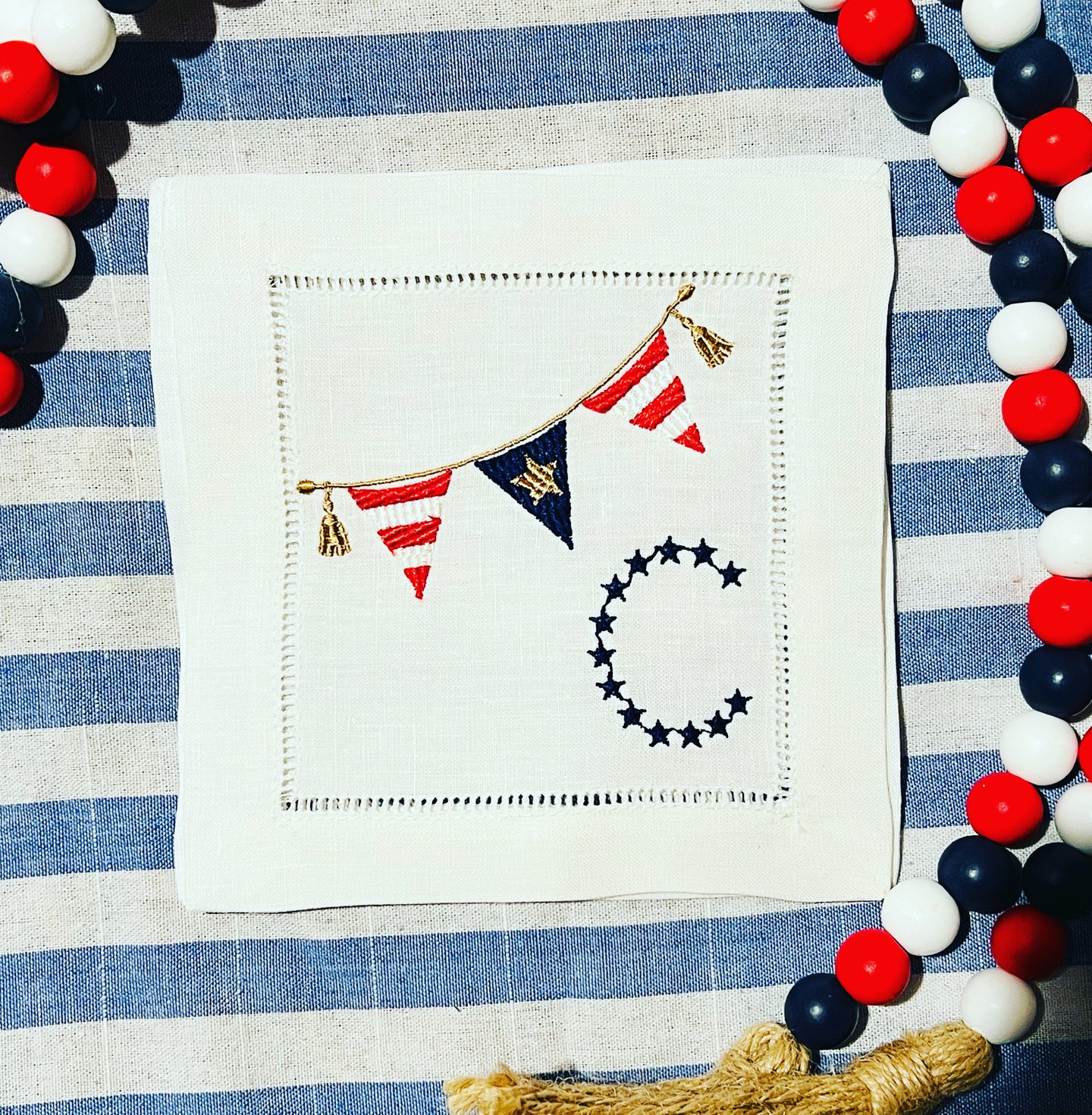 Patriotic Banner with Star Monogram Embroidered Cocktail Napkins