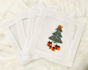Christmas Tree and Orange Gift Boxes Embroidered Cocktail Napkins