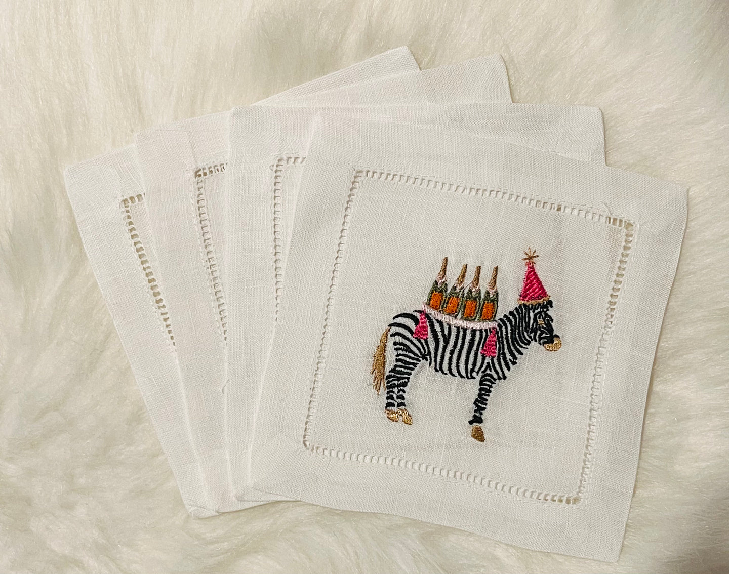 Champagne Party Zebra Embroidered Cocktail Napkins