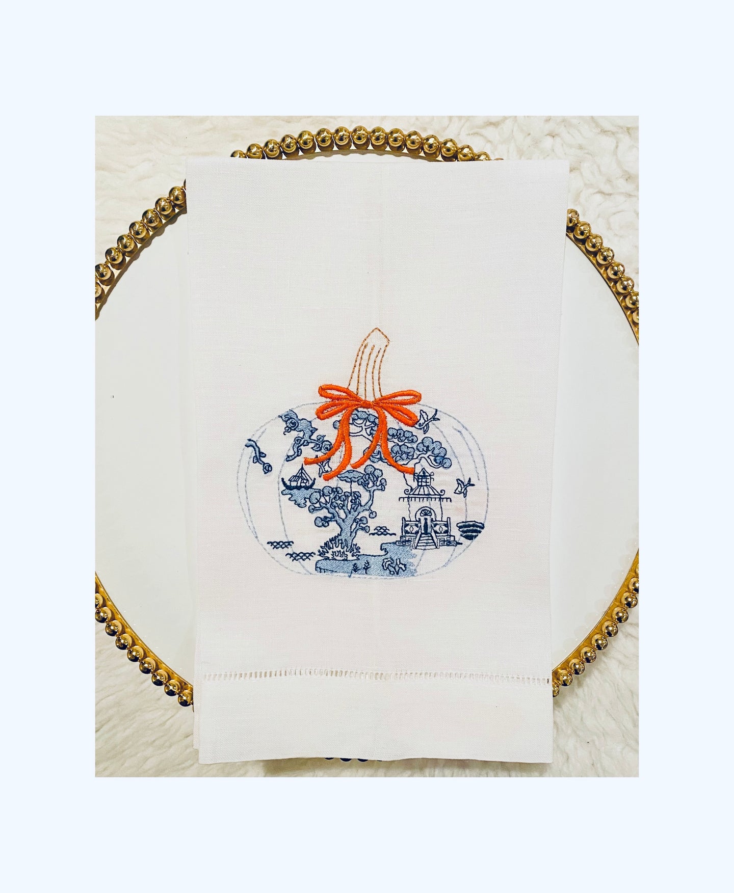 Chinoiserie Pumpkin Pagoda with Orange Bow Tea Towel