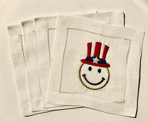 Patriotic Smiley Face Embroidered Cocktail Napkins