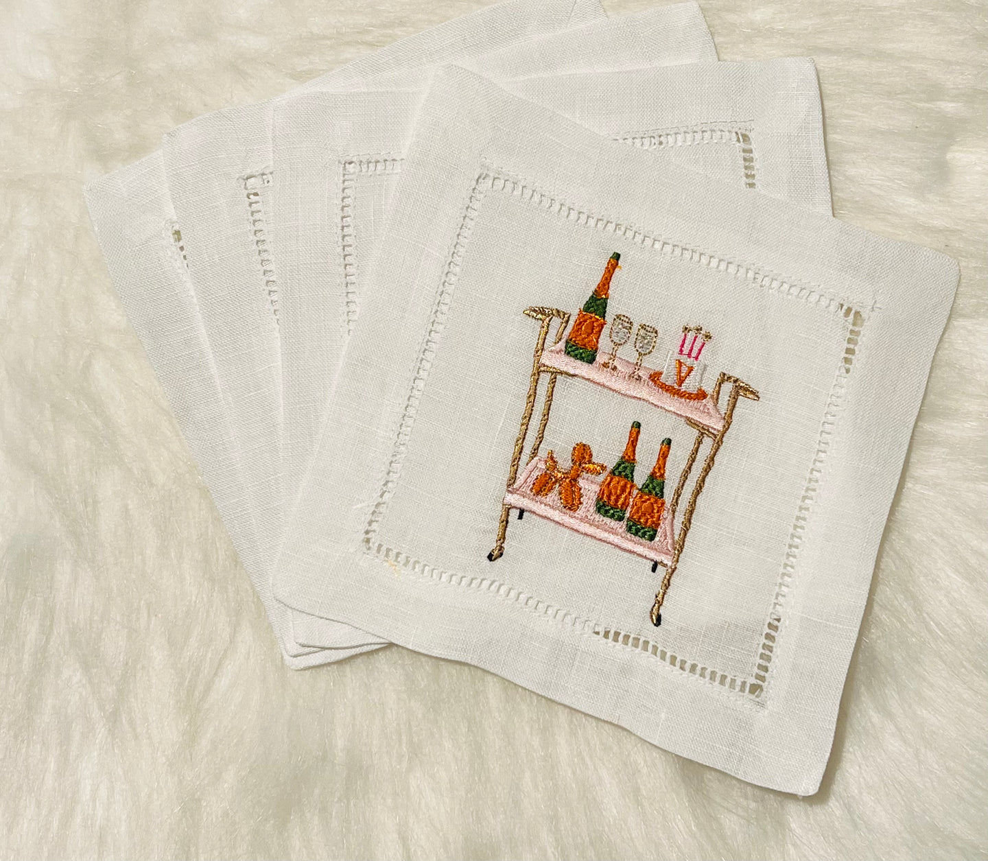 Pink and Gold Champagne Bar Cart Embroidered Cocktail Napkins