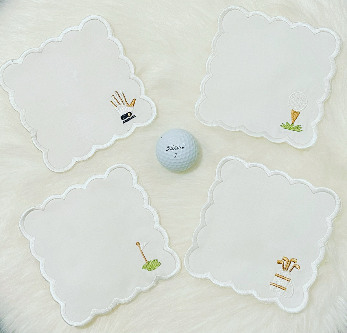 Scalloped Edge Golf Theme Embroidered Cocktail Napkins